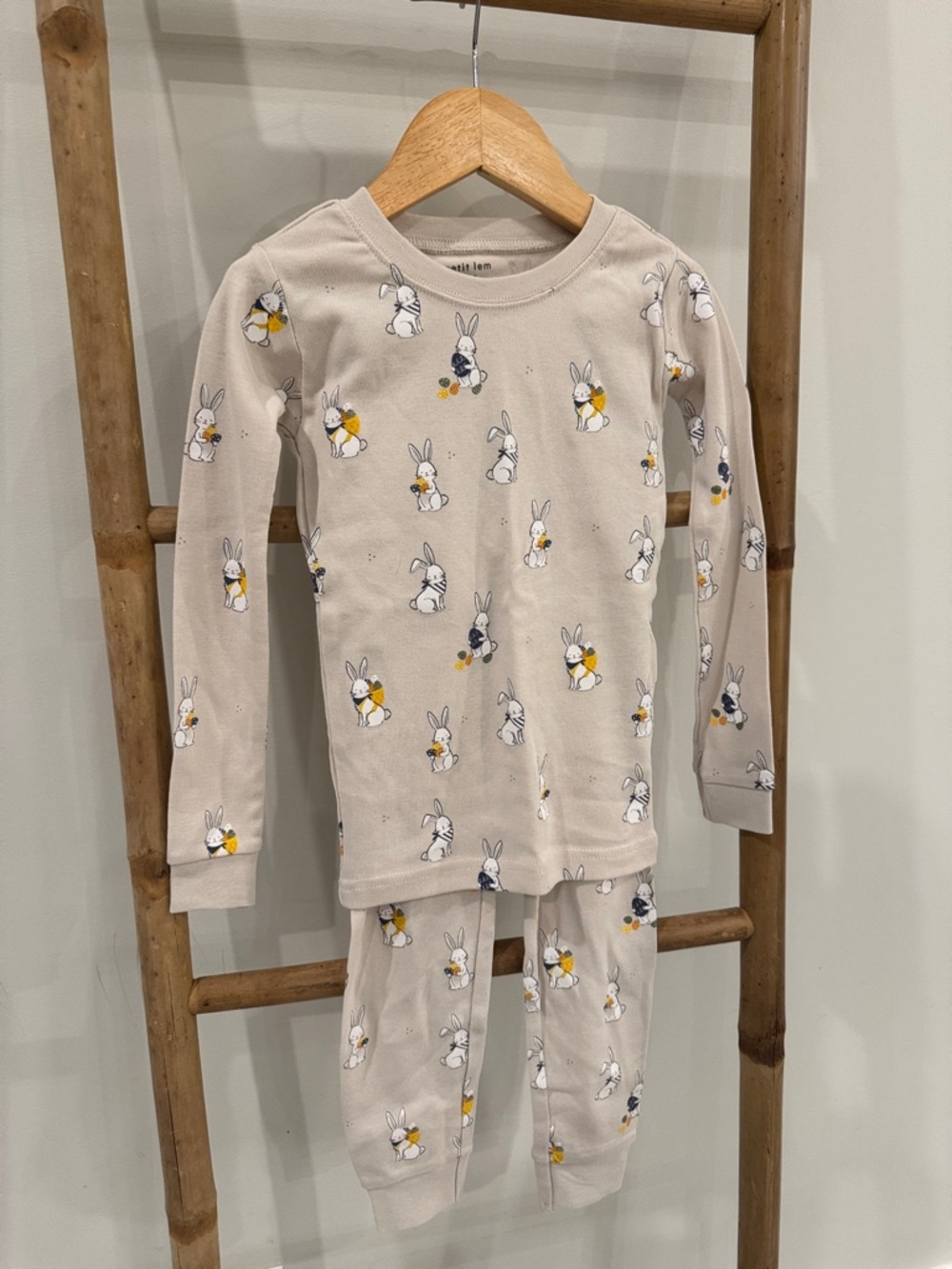 Petit Lem Beige Bunny Print Pajama Set with Yellow Accents